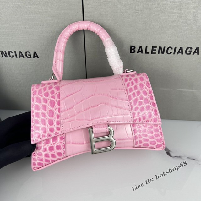 Balenciaga專櫃爆款櫻花粉鱷魚紋銀扣手提女包 巴黎世家原廠xs號Hourglass沙漏包 款號：8896 fyj1196